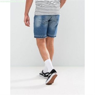 Paçası Açık Taşlamalı Jean Şort-Mavi