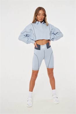 Polo Yaka Oversize Kısa Crop Sweat-Mavi Açık