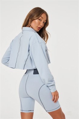 Polo Yaka Oversize Kısa Crop Sweat-Mavi Açık