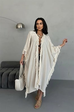 Püsküllü  Kimono-Krem