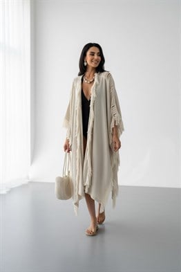Püsküllü  Kimono-Krem