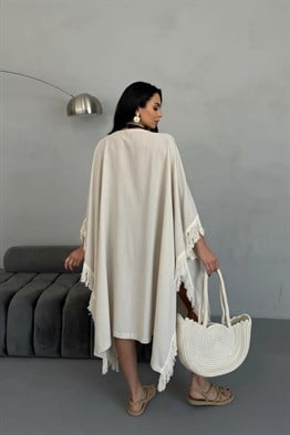 Püsküllü  Kimono-Krem