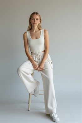 Tasarım Beli İpli Pantolon-Ekru