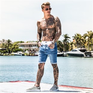 Taşlamı Jean Şort-Mavi