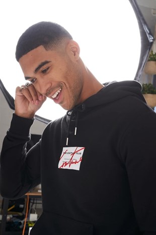 Unisex Kare Logo Kapişonlu Sweat-Siyah