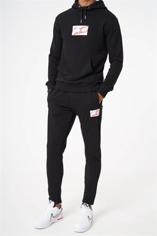 Unisex Kare Logo Kapişonlu Sweat-Siyah