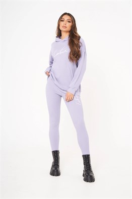 Unisex Oversize Fitilli Kumaş Sweat-Lila