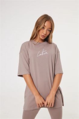Unisex Oversize İmza Logolu  T shirt-Bej