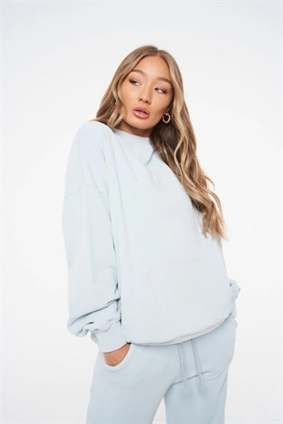 Unisex Oversize Yağ Yıkama  Sweat-Mavi Açık