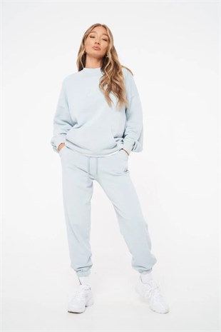 Unisex Oversize Yağ Yıkama  Sweat-Mavi Açık