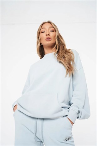 Unisex Oversize Yağ Yıkama  Sweat-Mavi Açık