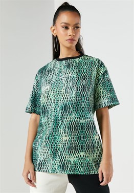 Unisex Oversize Yılan Baskılı  T shirt-Yeşil