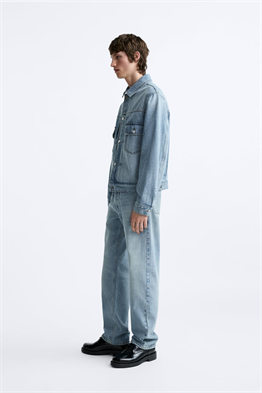 Unisex Pileli  Jean Ceket-Mavi Açık
