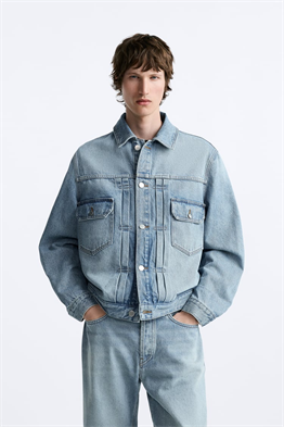 Unisex Pileli  Jean Ceket-Mavi Açık