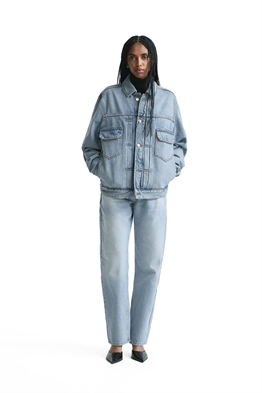 Unisex Pileli  Jean Ceket-Mavi Açık