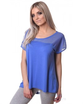 Üstü Fileli Oversize T-Shirt Saks Mavi