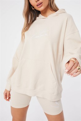 Waffle Kumaş ı Kapişonlu  Sweat-Bej