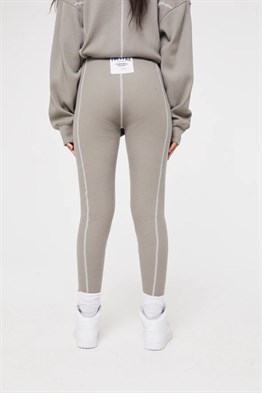 Waffle Kumaş Overlock Dikişli Tayt-Bej