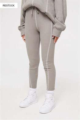 Waffle Kumaş Overlock Dikişli Tayt-Bej