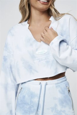 Yıkamalı Oversize Kısa Crop Sweat-Mavi Açık