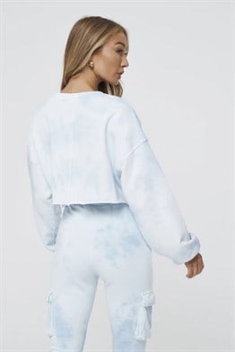 Yıkamalı Oversize Kısa Crop Sweat-Mavi Açık