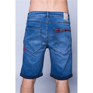 Yırtık Ekose Yamalı Jean Şort-Mavi