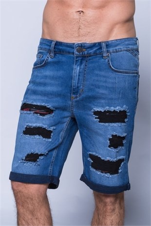 Yırtık Ekose Yamalı Jean Şort-Mavi