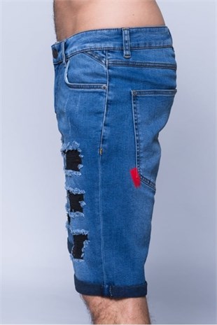 Yırtık Ekose Yamalı Jean Şort-Mavi