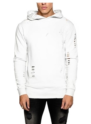 Yırtıklı Kapişonlu  Sweat-Kirli Beyaz