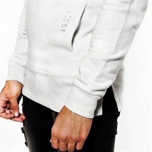 Yırtıklı Kapişonlu  Sweat-Kirli Beyaz