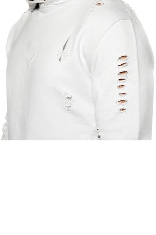 Yırtıklı Kapişonlu  Sweat-Kirli Beyaz