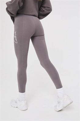 Yüksek Bel İmza Nakışlı Dikişli Tayt-Vizon