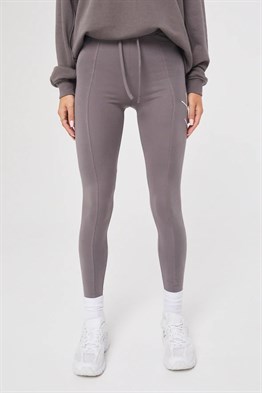 Yüksek Bel İmza Nakışlı Dikişli Tayt-Vizon