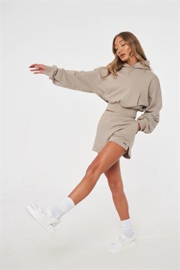 Yüksek Bel Rahat Kesim  Kısa Şort-Vizon