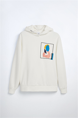ZR Premium Baskılı  Kapişonlu Sweat-Kirli Beyaz
