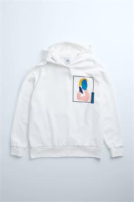 ZR Premium Baskılı  Kapişonlu Sweat-Kirli Beyaz