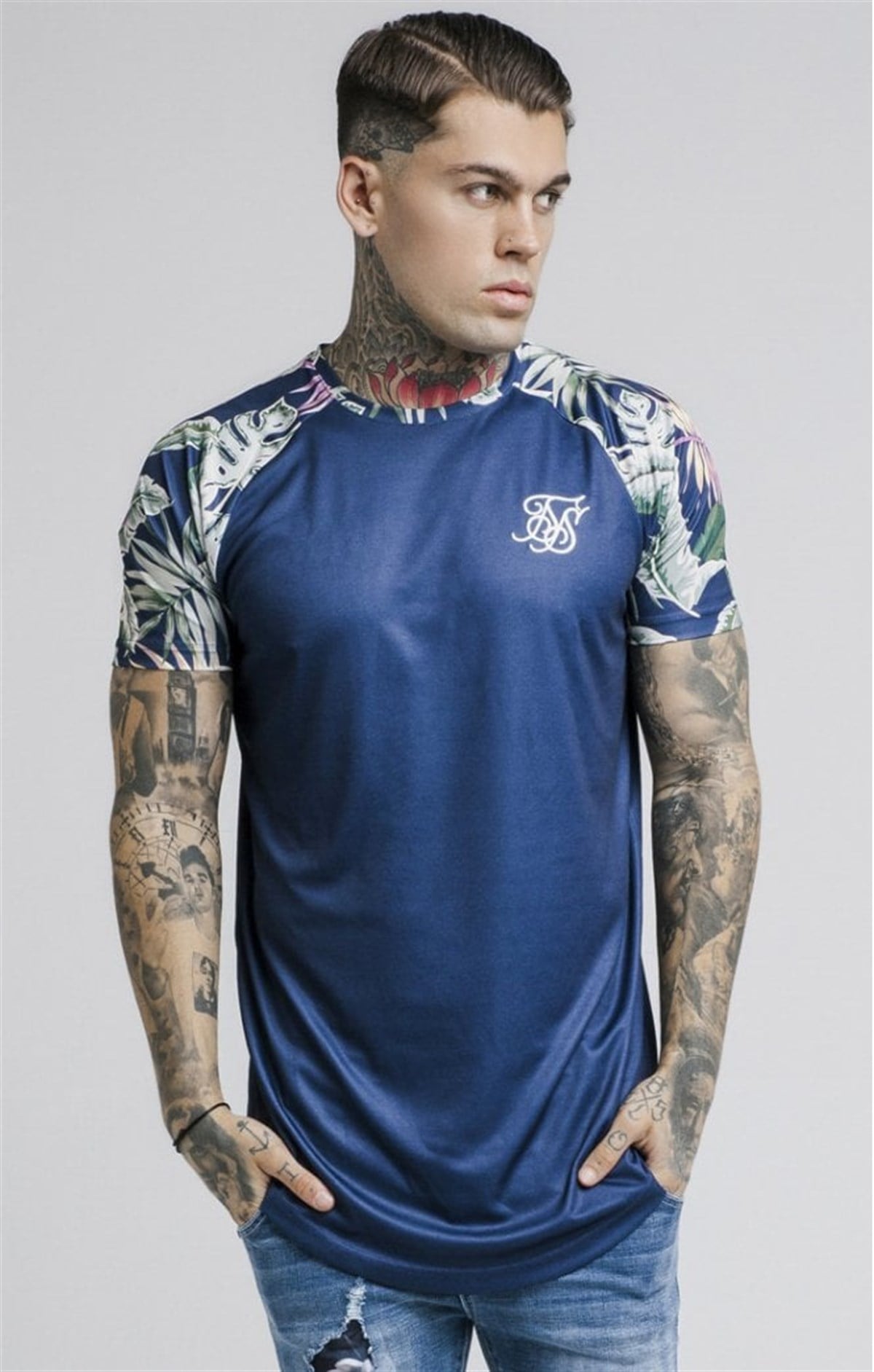 Altı Kavisli Raglan Çiçekli T shirt Petrol Mavisi