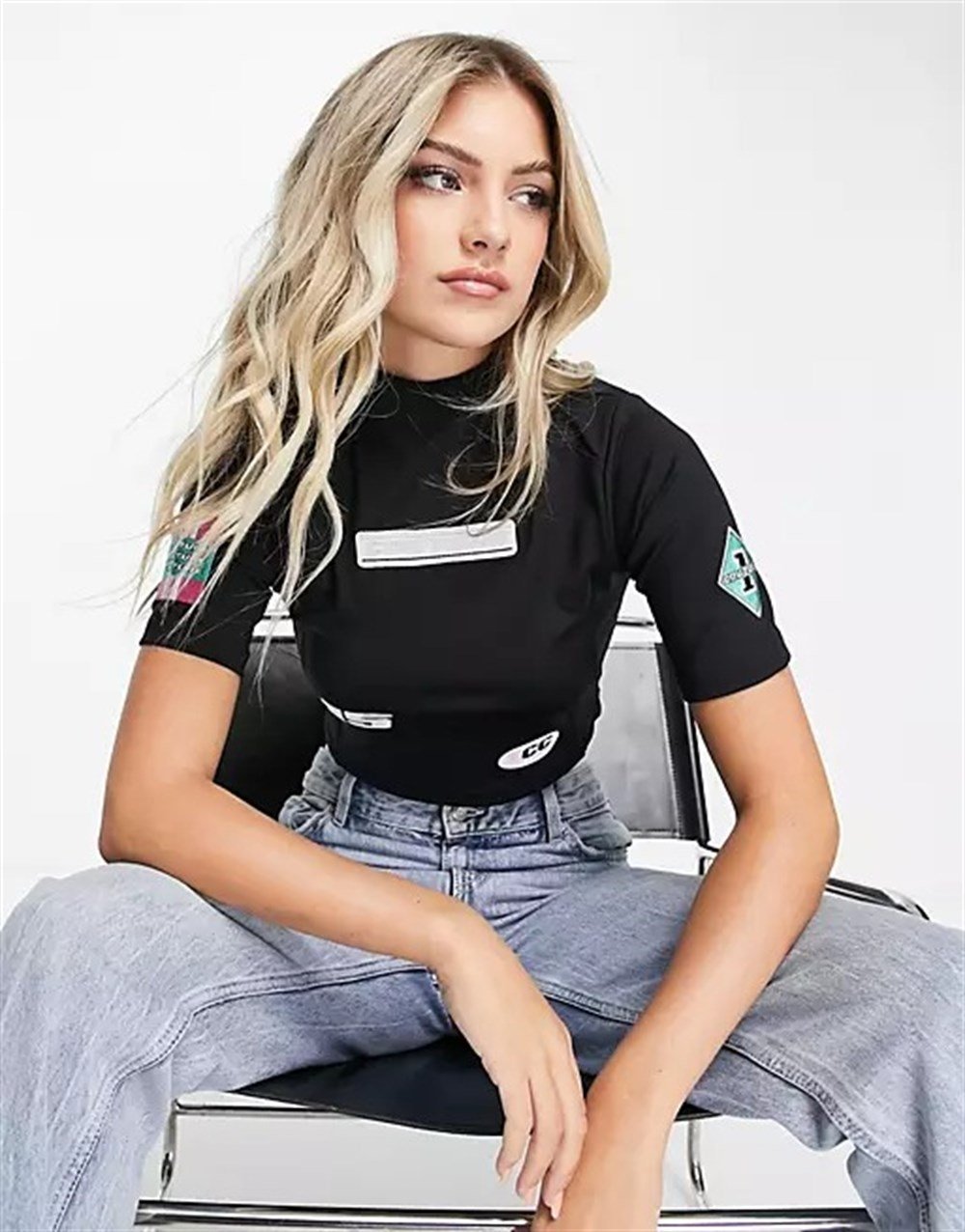 Baskılı Spor  Crop Tshirt-Siyah