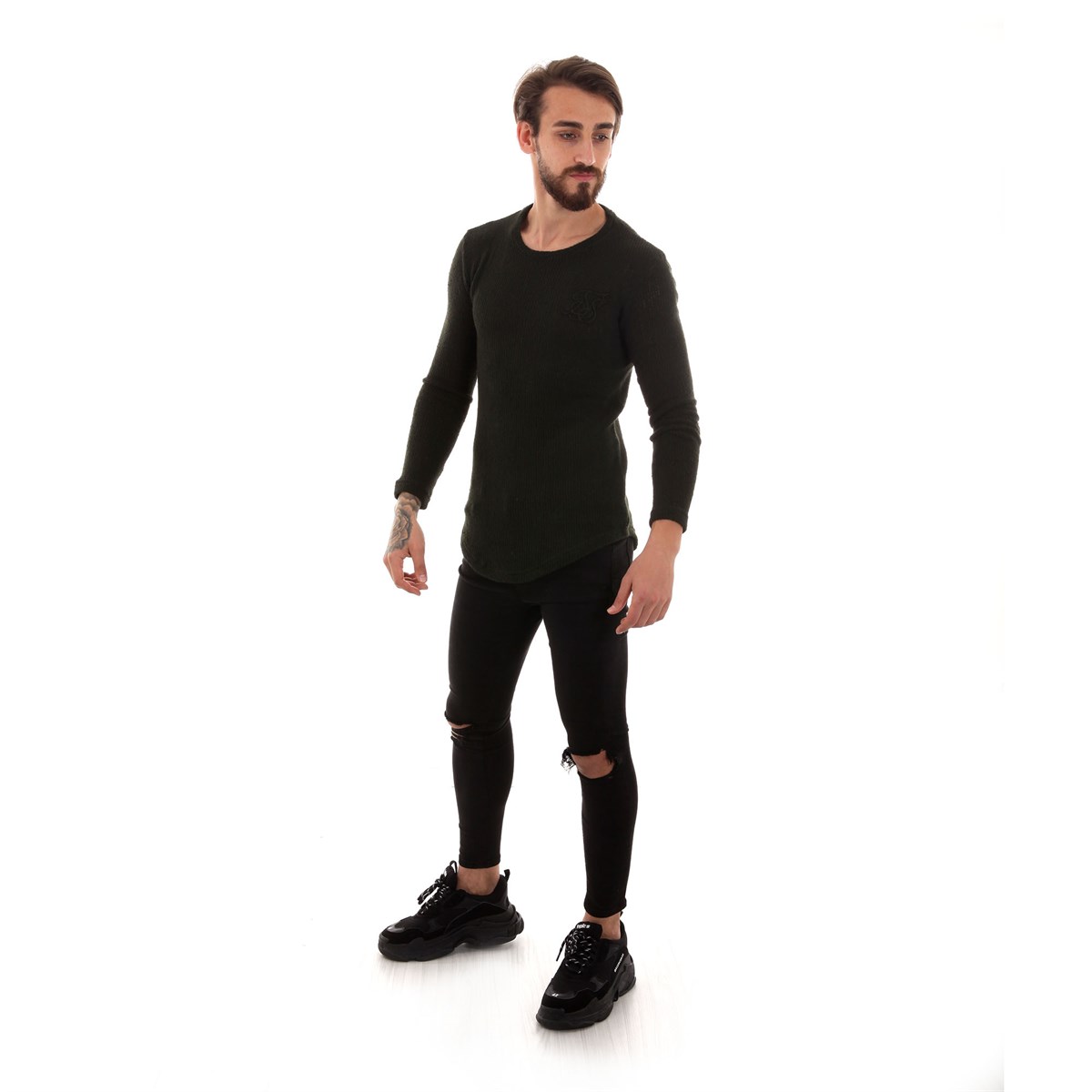 Bisiklet Yaka  Long Triko Sweat Haki