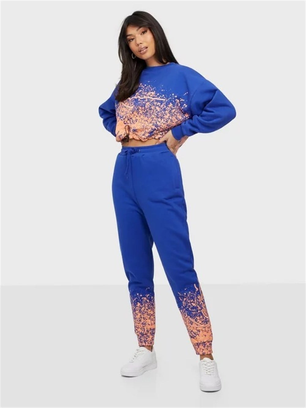 Boya Efektli Oversize Crop Crew  Sweat Saks Mavi