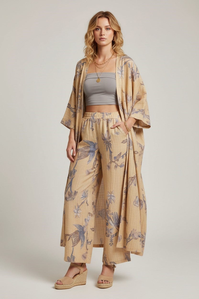 Desenli  Kimono Takım-Hardal