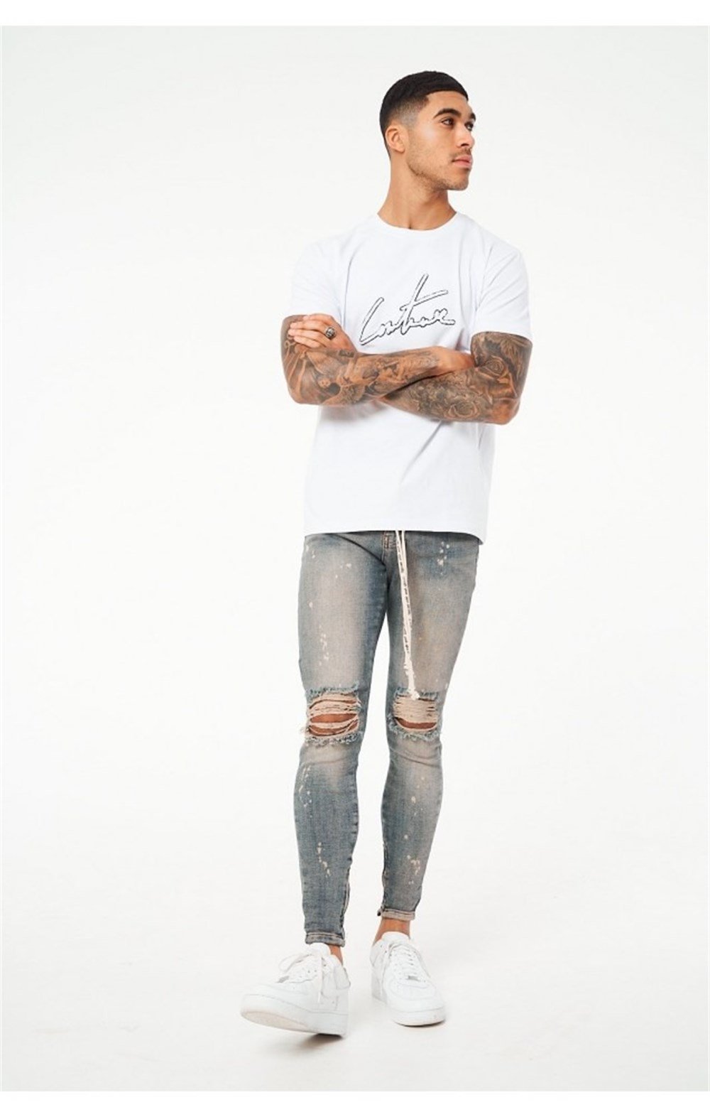 Dizleri Biker Eskitme Jean Mavi