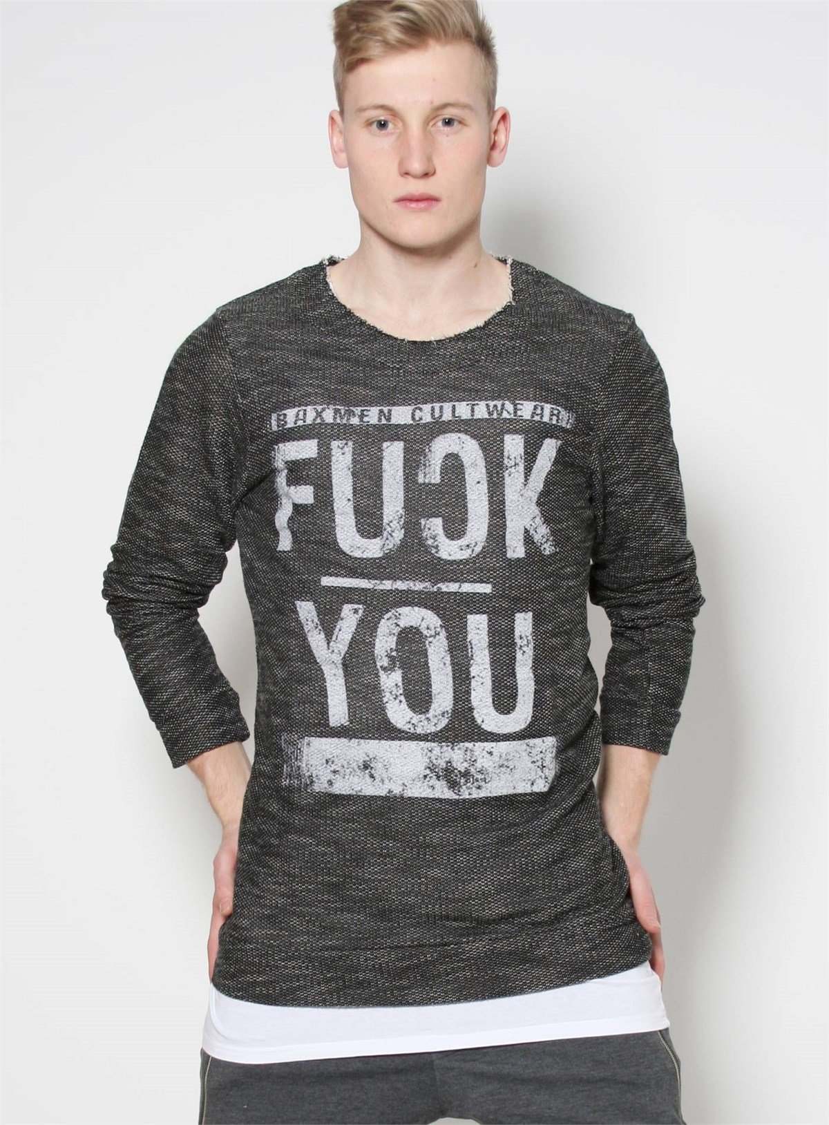 Kesik Yaka FUCK YOU Sweat Siyah