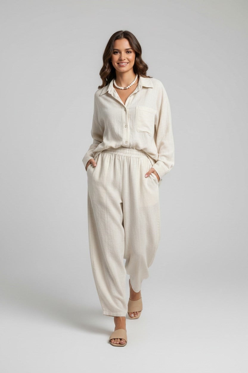 Keten Baggy Pantolon-Bej