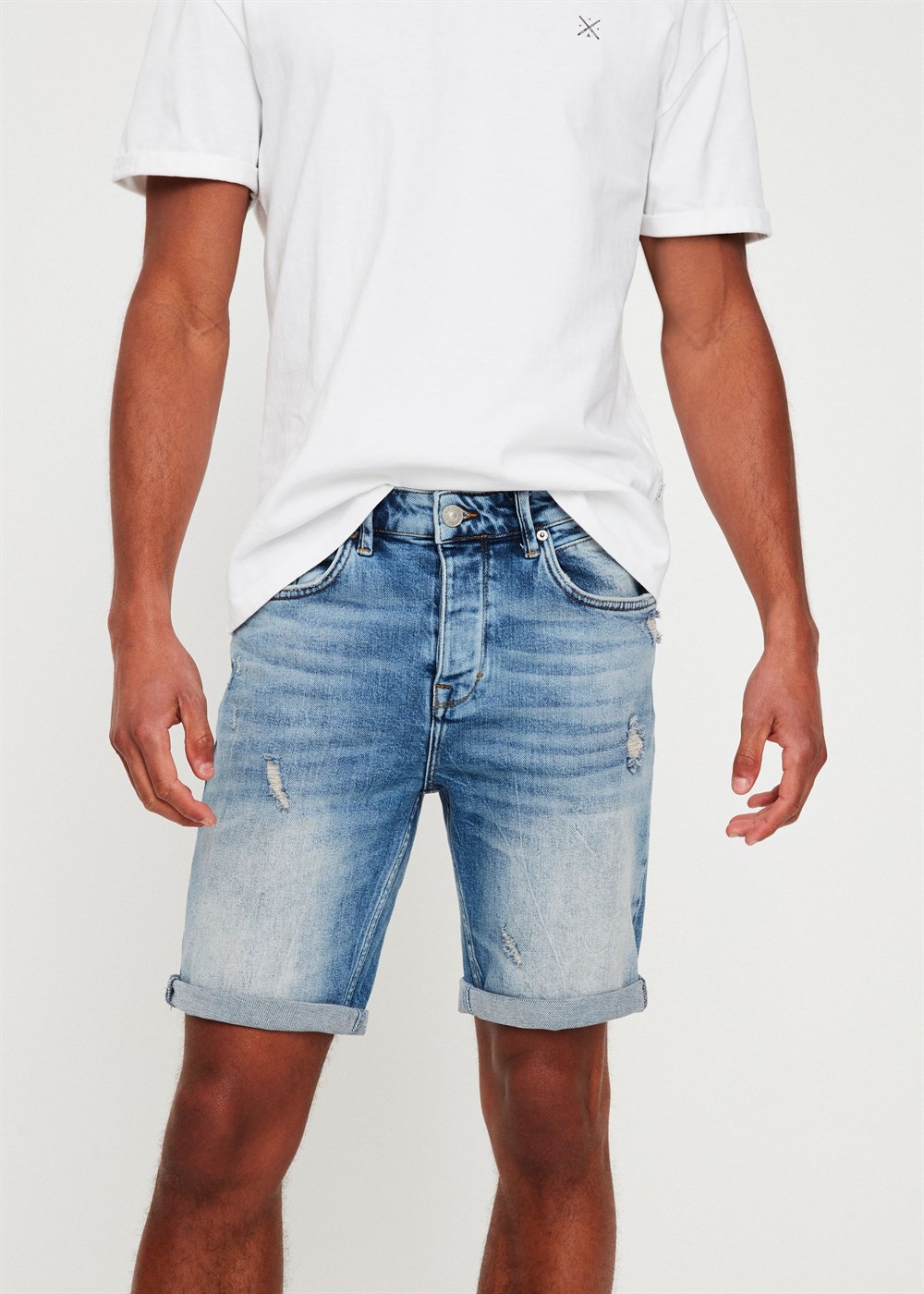 Likralı Eskitmeli Jean Şort Mavi Açık