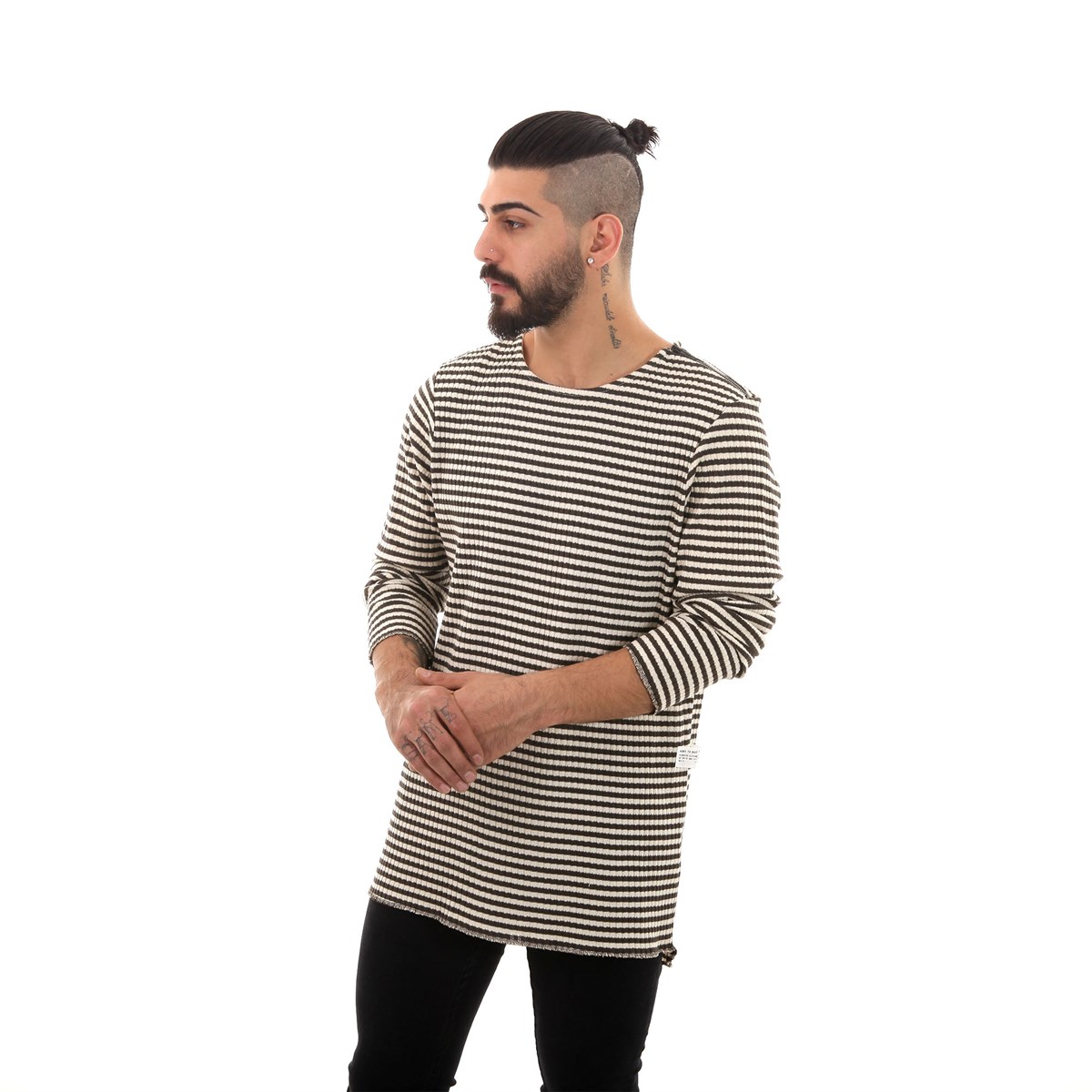 Omuz Fermuarlı Cizgili Sw Triko Krem-Haki