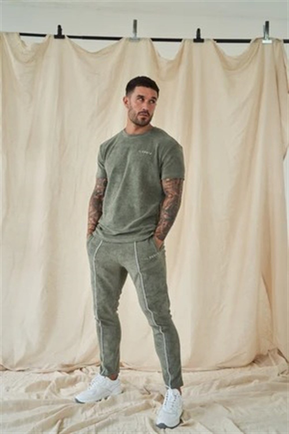 Önü Şeritli Havlu Kumaş Jogger Haki