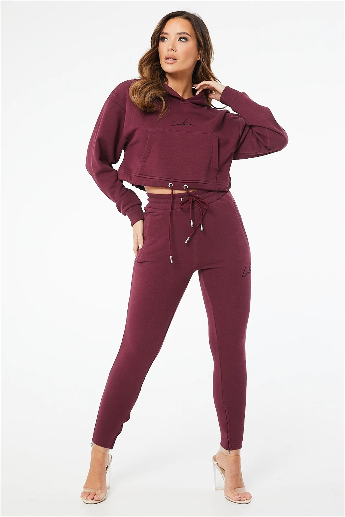 Oversize Cepli Kapişonlu Kısa Crop Sweat Bordo