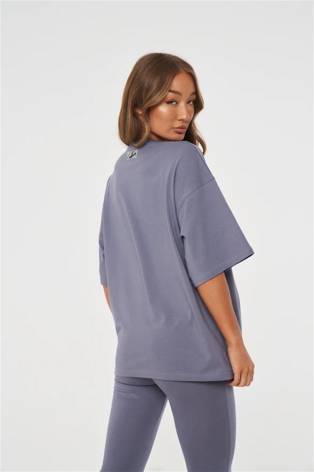 Oversize Logosuz Tshirt İndigo Mavi