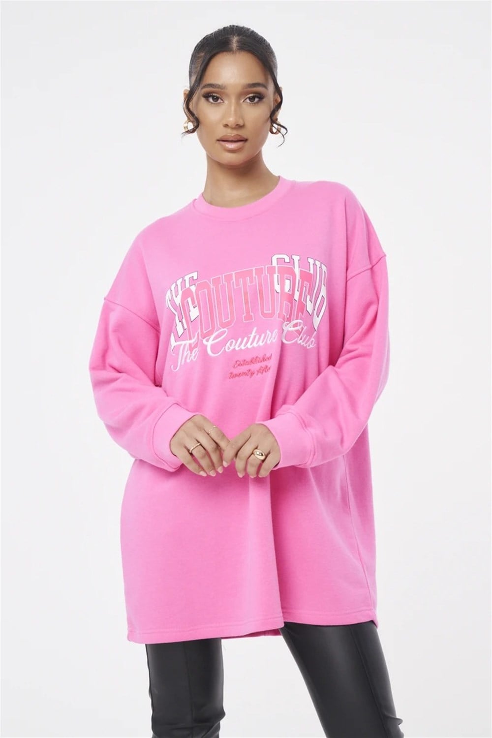 Oversize Önü Baskılı Crew  Sweat Pembe